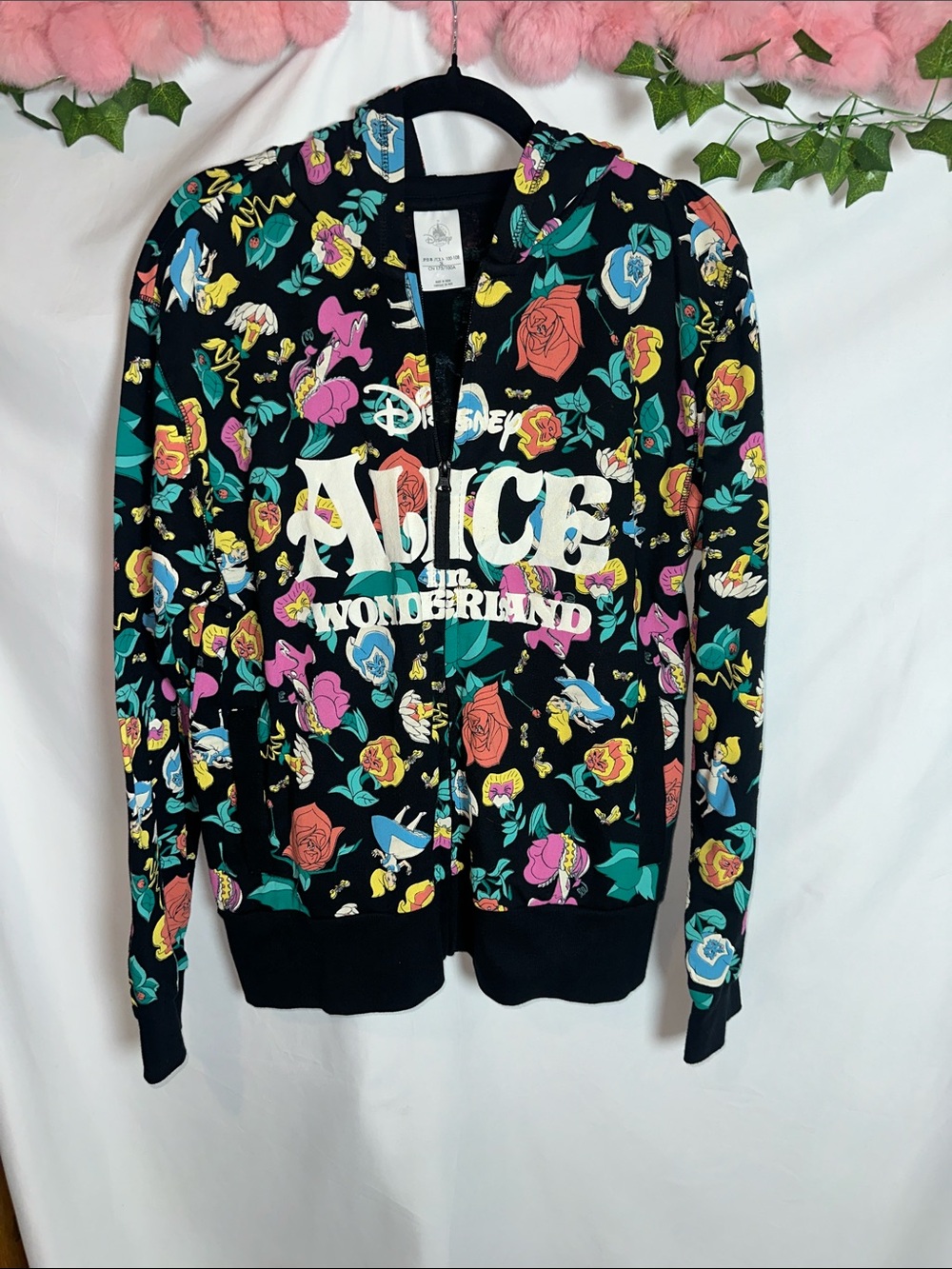 Disney Black Floral Alice in Wonderland Zip Hoodie